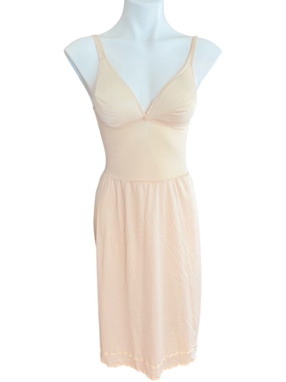 Olga No-Seam Bodysilk Full Slip Vintage 36B Blush Nude Nylon Lace Hem USA